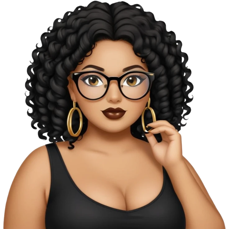 big plus size, latina, darker tan skin, gold hoops, long black curly hair, baddie,pretty, makeup, lipgloss, black eyeliner, long hair, black top, black glasses emoji