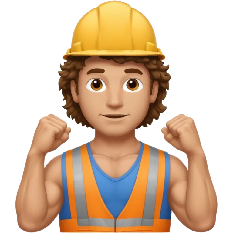 Hot white male builder with curly brown mullet hair and muscles emoji