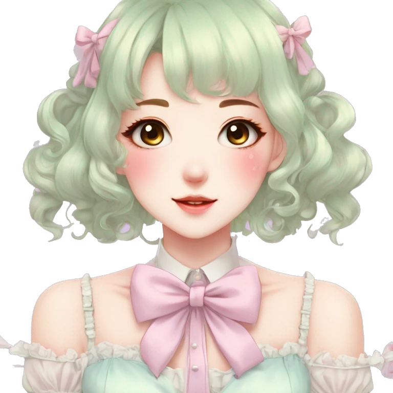 Gorgeous pastel anime style lady with blushing face and laces bow ties necklace cottagecore fairycore pastelcore colorful pearly romantic simplistic aesthetic trending style emoji