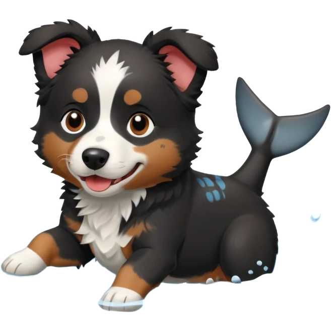 Black mini Australian Shepherd playing with a shark emoji