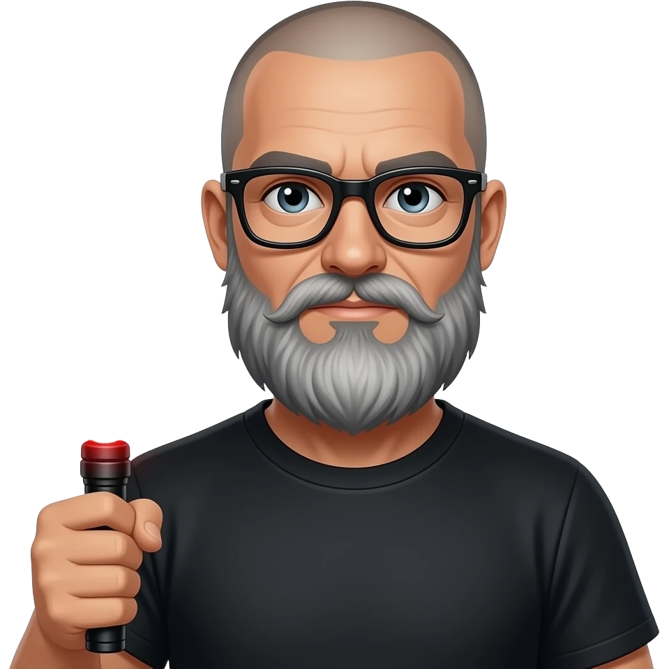 skinhead man with longer greyish beard black glasses holding red lightsaber emoji