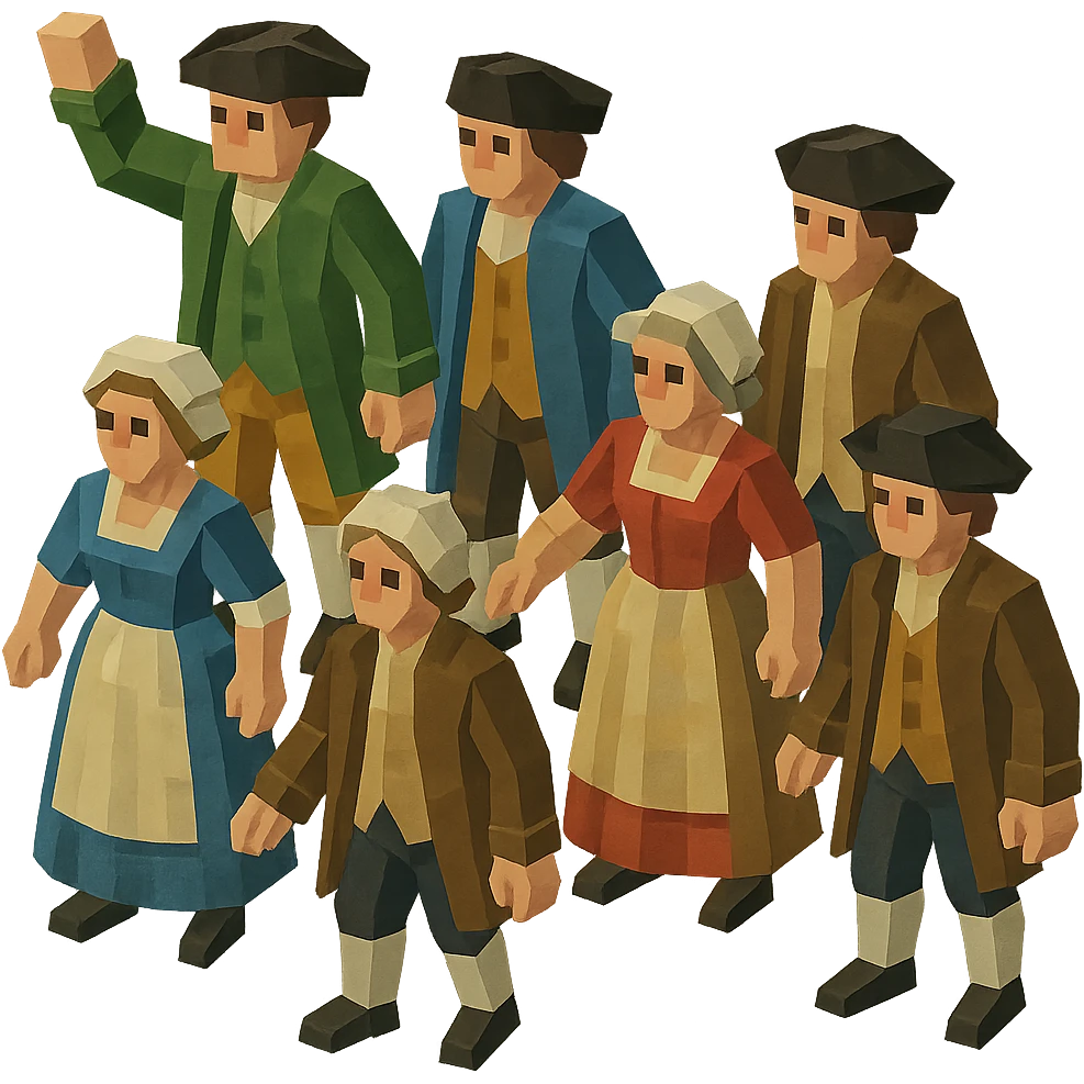 isometric full-body illustration of an 18th century crowd emoji