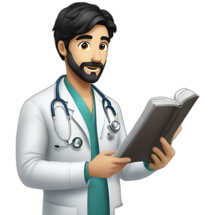 young spanish surgeon with black hair, black beard and stethoscope,reading a book emoji