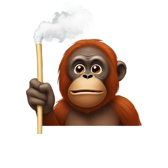 Orangutan with a white stick in mouth with smoke coming off of it with it in mouth emoji
