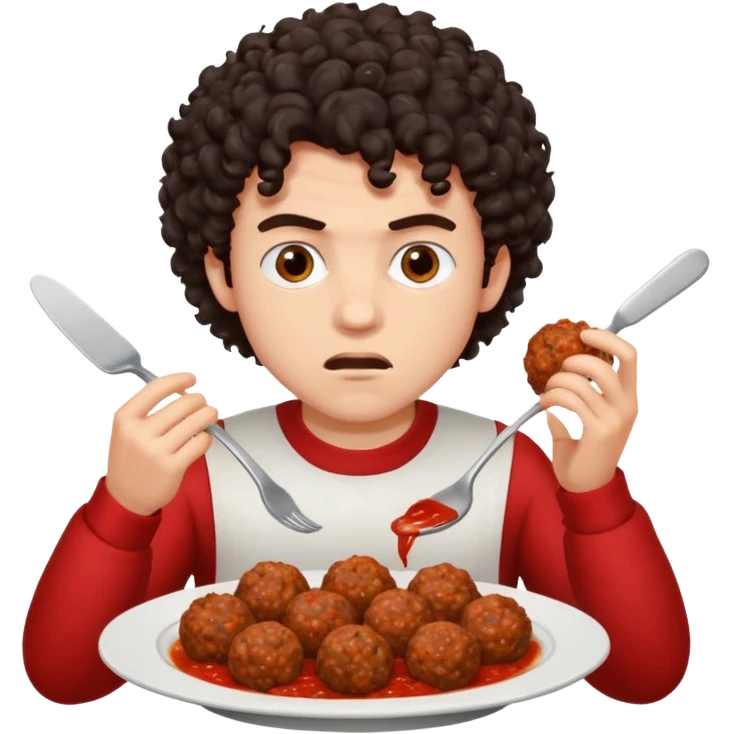 Ragazzo di 20 anni con capelli ricci scuri, leggermente arrabbiato che mangia 2 polpette  emoji