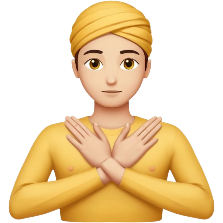 human hands crossed in an X over the chest, right hand on top, fingers straight and together, palms on chest, calm and graceful, yellow emoji color, minimal shading, 2D emoji style, expressing deep appreciation and respect inspired by Arab body language emoji