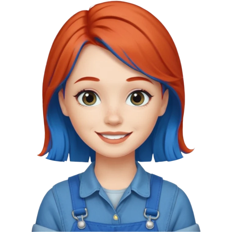 redheaded girl with blue hair, 1960s hairstyle, blue overalls, no text, smiling emoji