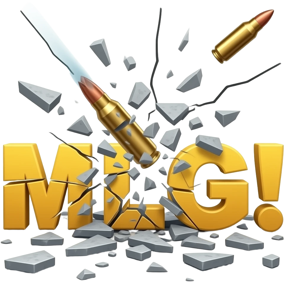 Надпись MLG! жёлтого цвета и раскрошилась на части от выстрела пули emoji