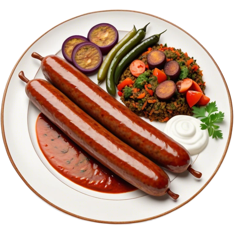Cinematic Realistic image of a long, sausage-shaped Turkish Köfte, rendered with richly spiced meat textures and subtle grill marks, artfully arranged on a traditional Turkish ceramic plate alongside classic sides such as a serving of aromatic pilaf, crisp grilled vegetables, and a dollop of creamy yogurt, all bathed in warm, appetizing lighting that emphasizes its savory allure. emoji