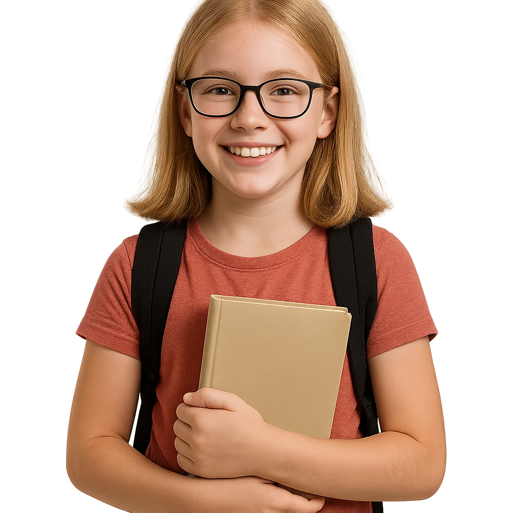 6th grade girl with blonde hair and glasses, smiling, holding a book emoji