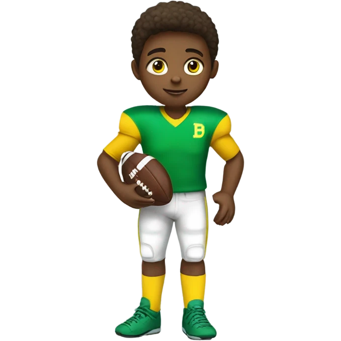 boy with blue eyes, wearing a green and yellow jersey holding a football emoji