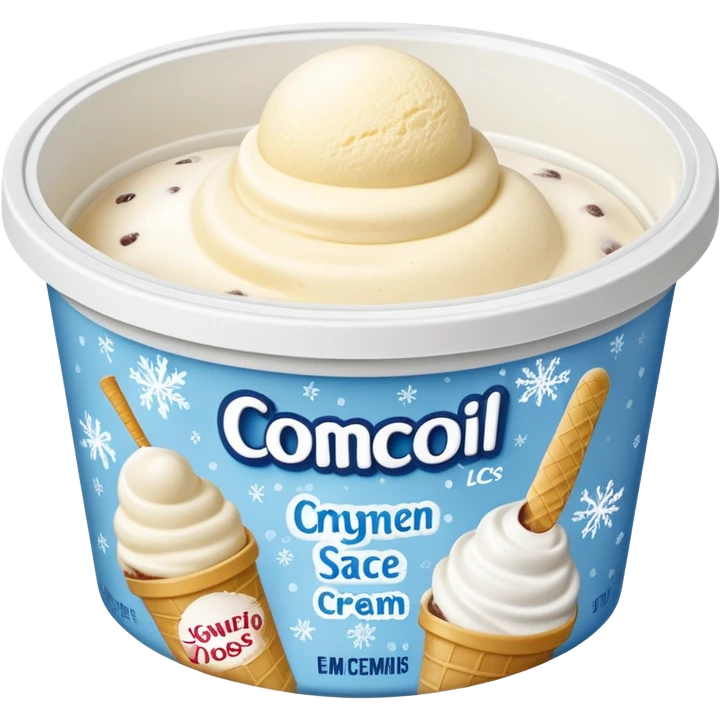 A creamy ice cream tub with a minimalist printed label showing flavor name and brand logo, sitting inside a store freezer. The lid and sides of the container have small frost crystals and condensation. Realistic photography style with soft lighting and a cool-toned background. emoji
