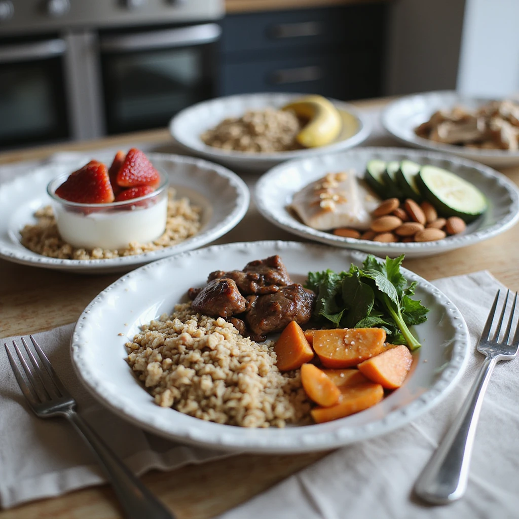 hyperrealistic 4K table with separate plates for 2000 calorie diet: breakfast with Greek yogurt, granola, strawberries; lunch with lean beef, barley, zucchini; dinner with tuna, sweet potatoes, spinach; snacks with banana, almonds, protein bar. Plates labeled with calories, modern kitchen atmosphere emoji