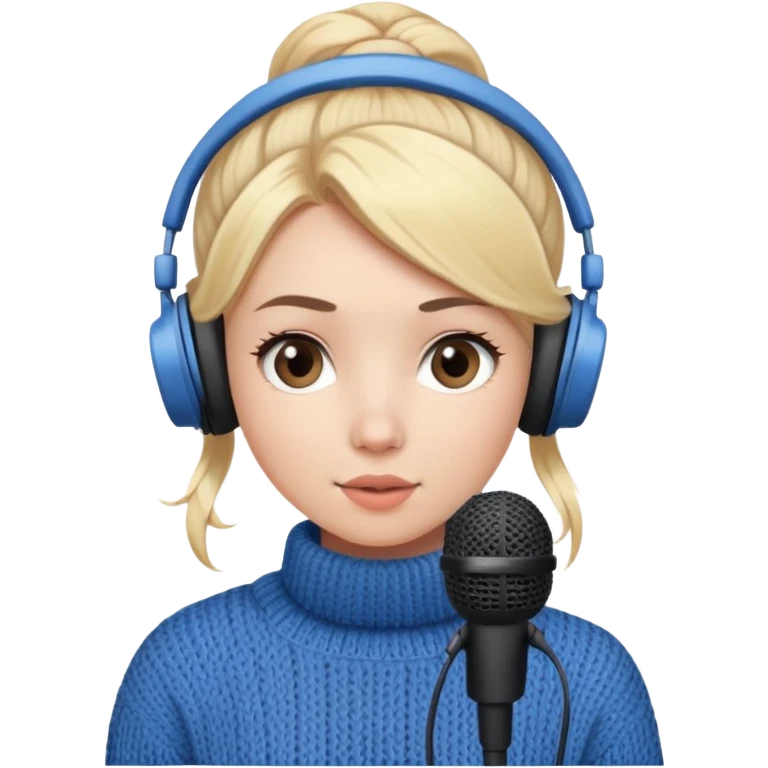 a cute face girl have bright white skin
and small and natural lips (kinda
peach) with blue knitwear with a
blonde one hair bun and she is a
podcaster in her school. with recording
microphone in front of her not held and
a headphone in her head emoji