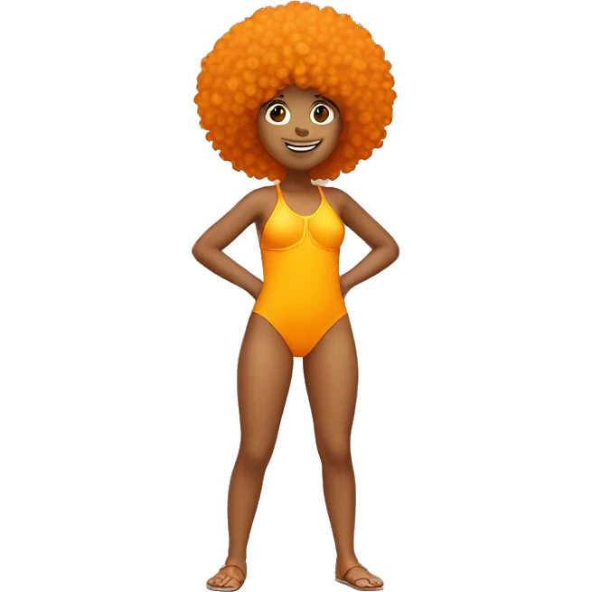 Tan girl with orange afro, yellow swimsuit, rear view, dancing emoji