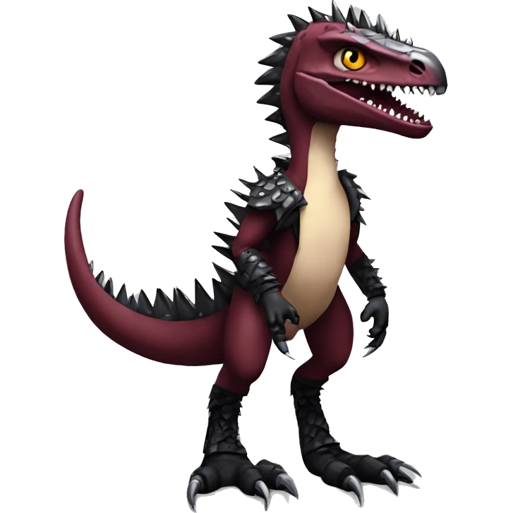 Maroon edgy badass modern sexy handsome punk velociraptor-dragon-Digimon, with black spiky mane, full body emoji