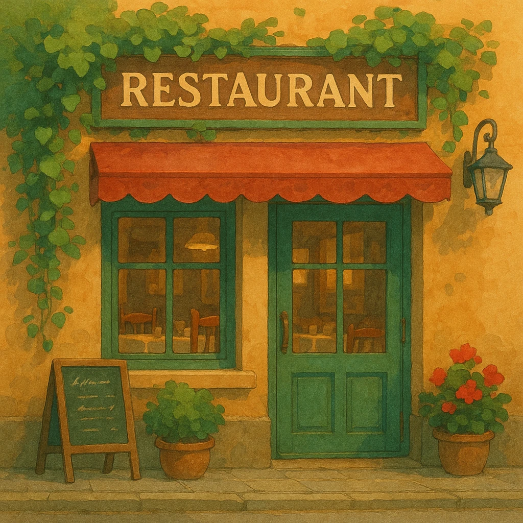 ghibli style illustration of a cozy restaurant facade emoji