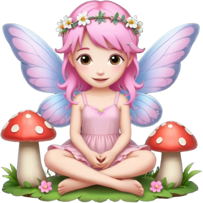 A tiny pastel fairy with pink hair with glowing wings and a sweet smile and tiny flower crown emoji