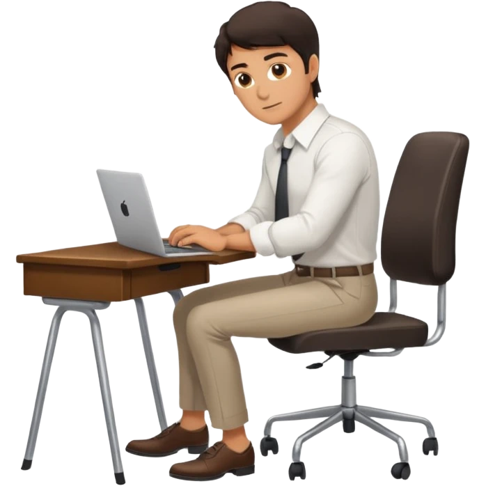 Rich man working on a chair at office in shirt, dark hair, and near the desk with laptop he is german very beautiful looks like, full body view emoji