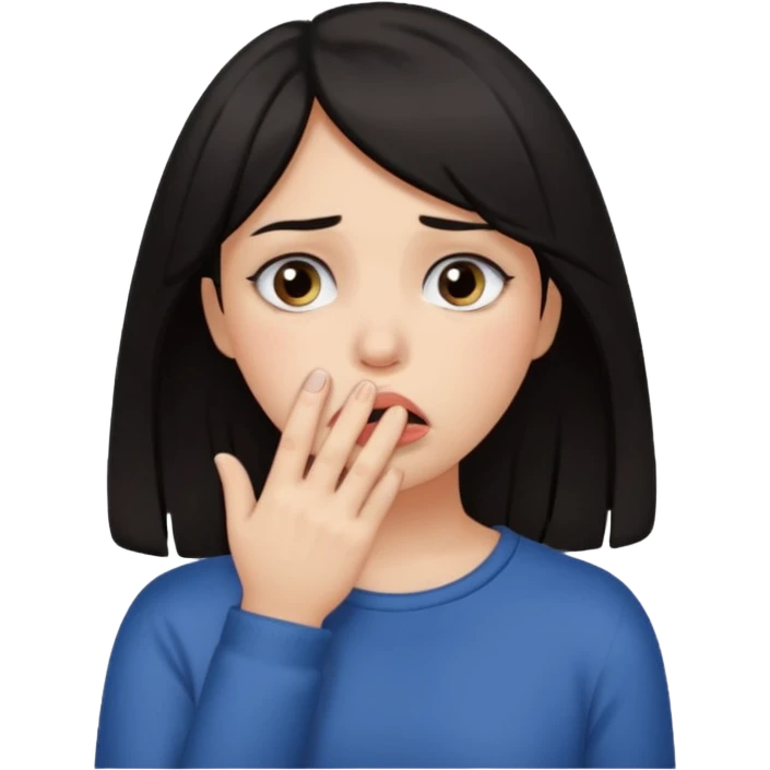 Dark haired girl with fingers in mouth and tears in eyes emoji