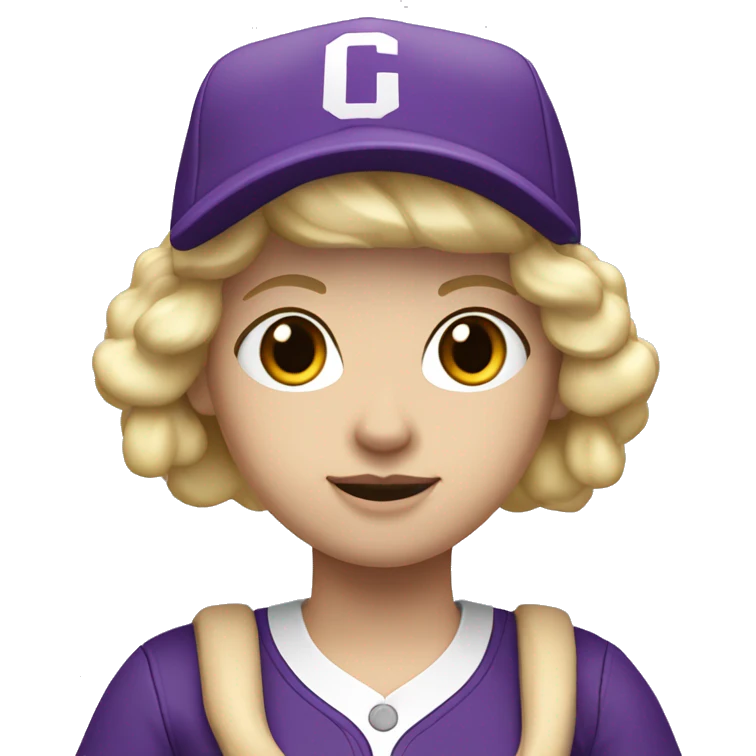 baseball card character. Blonde female bob hair. letter C logo. Purple and white uniform. emoji