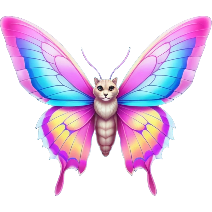 Colorful Neon exotic iridescent tropical shiny Fantasy-Siamese-Bobcat-Caracal-Moth-Scottish-Fold-feline-Fakémon-feline-hybrid (full body) emoji