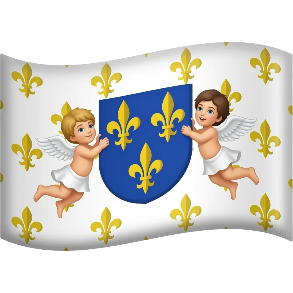 drapeau du royaume de france, blanc parsemé de fleur de lys d'or, au centre, l'écusson bleu des bourbons avec trois fleur de lys d'or, et deux chérubins qui le tiennent emoji