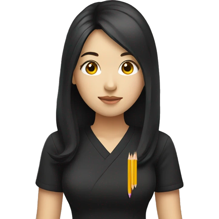korean woman, long black hair, black shirt, holding yellow pencil emoji