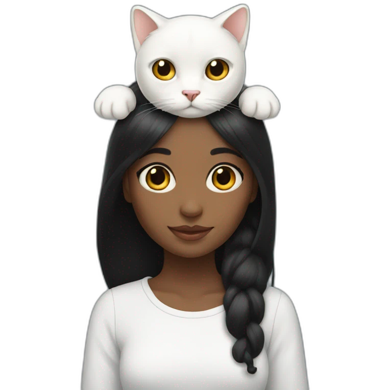 Black hair girl with white cat on head emoji