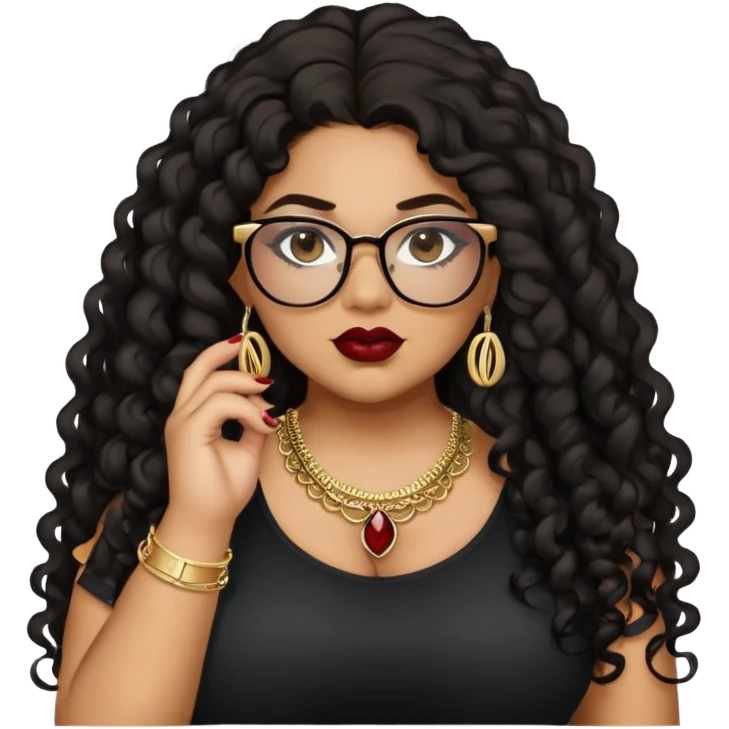 teen big plus size, latina, darker tan skin, gold jewelry, long black curly hair, baddie,pretty, makeup, dark red lipgloss, black eyeliner, long hair, black top, black glasses emoji