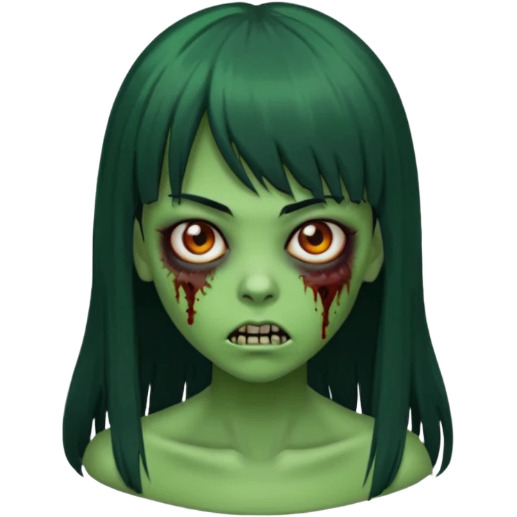 Faça uma menina de cabelo liso preto com franja zumbi cabelo longo 🧟‍♀️ faça ela assim faça ela verde com cara mais assustadora emoji