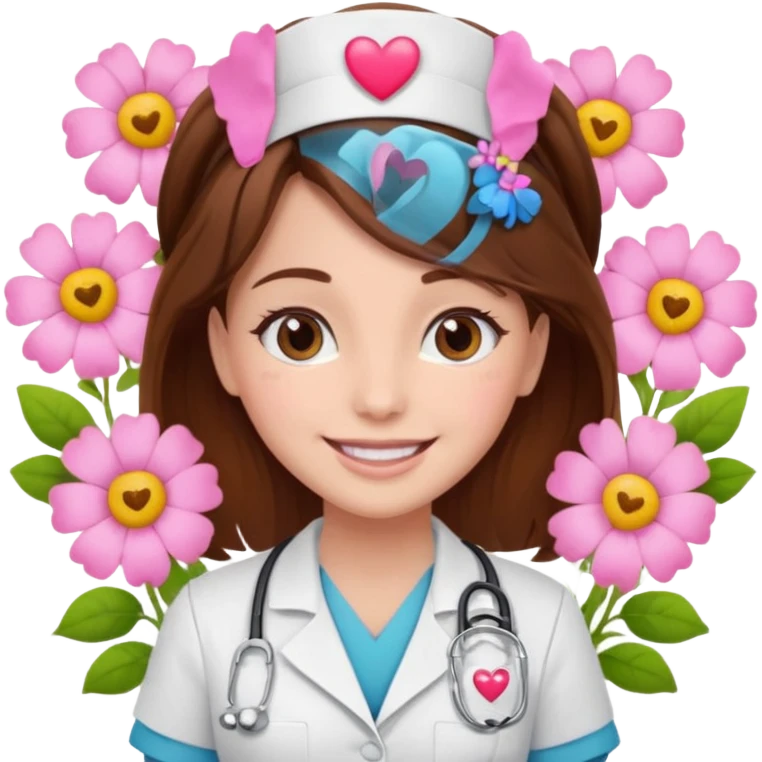 Brown hair Nurse with pink heart and flowers surround her emoji