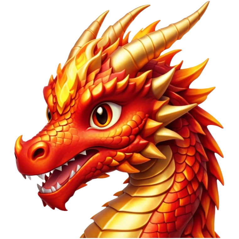 Cinematic Cute Fierce Fire Dragon Portrait Emoji, Head tilted playfully and inquisitively, showcasing a robust, flame-embellished form with intricately detailed scales in vibrant reds and glistening golds, accented by flickering ember highlights and a warm, inviting glow; rendered with lifelike detail and radiant natural light, high shine, spirited yet endearing, styled with a touch of blazing whimsy, soft glowing outline, capturing the essence of a mischievous yet charming inferno that seems ready to dance with playful fire! emoji