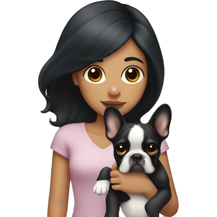 Girl with long black hair holding a fawn French bulldog  emoji