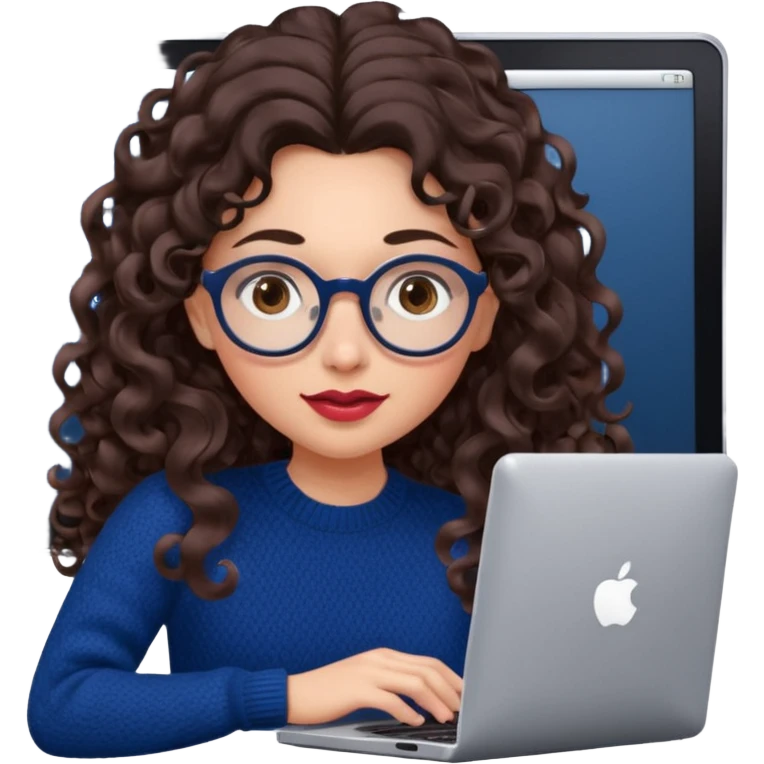 a european white young woman with very long wavy dark brown/chocolate hair with curls at the end of her long hair typing in a computer. she's using round glasses, her lips are light red and her cheeks slightly pink. Her eyes are dark brown. She's using a dark blue knit sweater  emoji