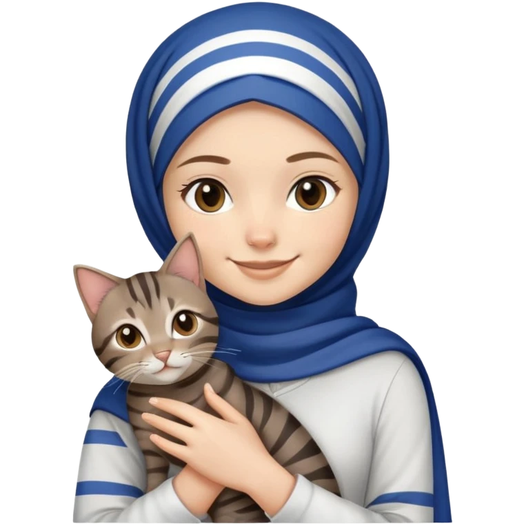 White girl wearing dark blue hijab with white shirt smiling while holding a black grey brown stripes tabby cat emoji
