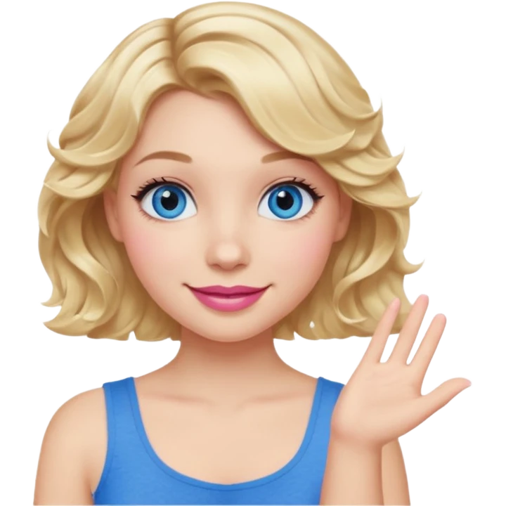 Girl Blonde short wavy hair,  blue eyes, cute blue top, long lashes, pink lips, smiling, one hand 🤷🏼‍♀️  emoji