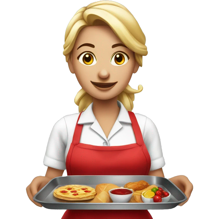 beautiful waitress in a red apron with a tray with food in a hand emoji