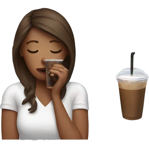 Women drinking iced Coffee being stressed with brown hair emoji