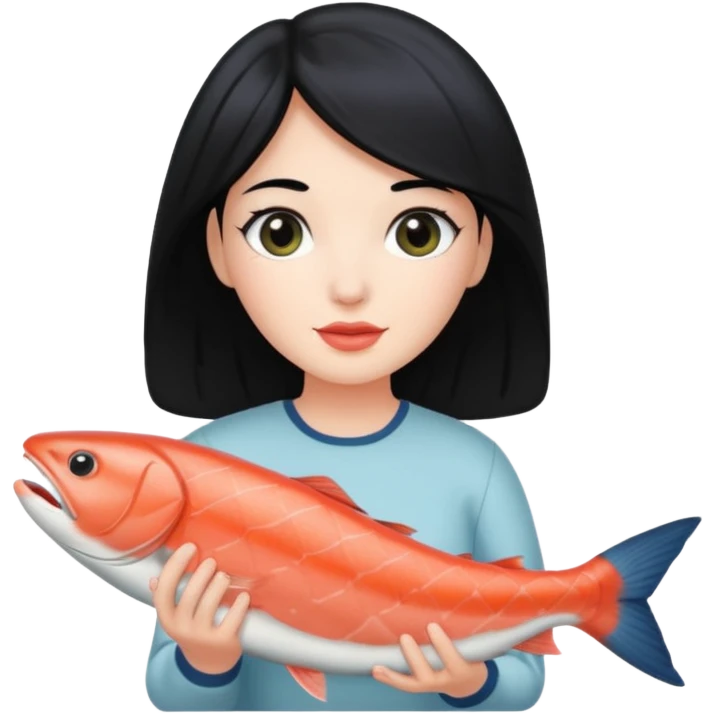 White lady with black hair holding a salmon  emoji