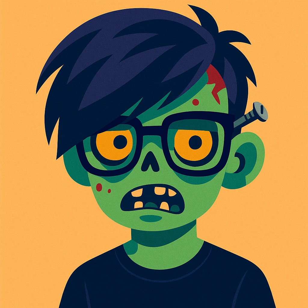 zombie boy with emo hair, screwed glasses, and black shirt, modern illustrated style emoji