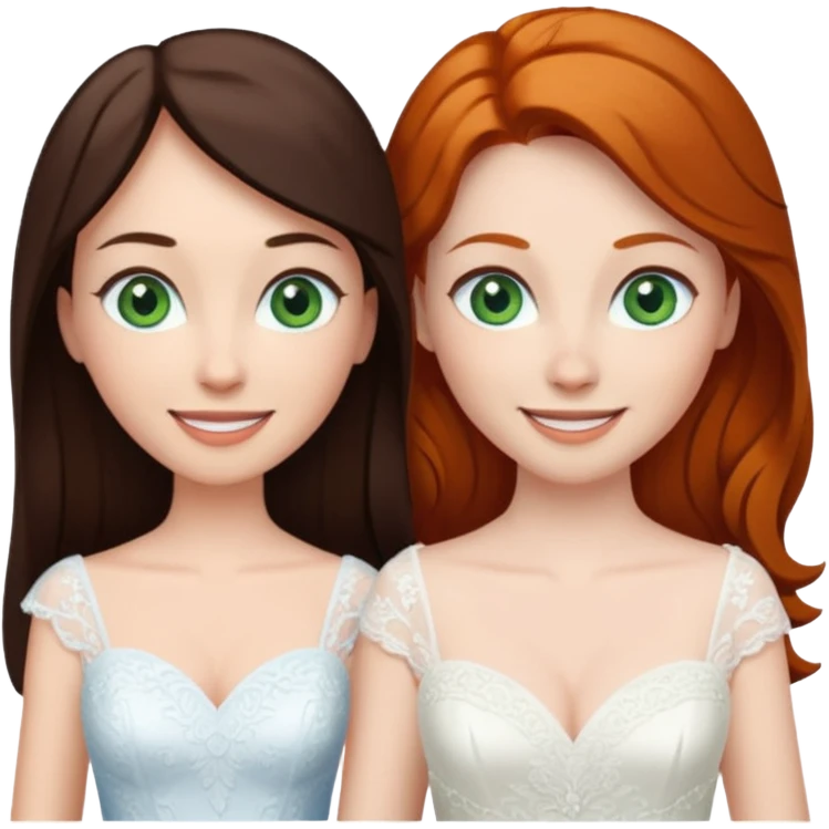 A tall, pale woman with very dark brown hair and green eyes marrying a shorter ginger woman with blue eyes, both in wedding dresses. emoji