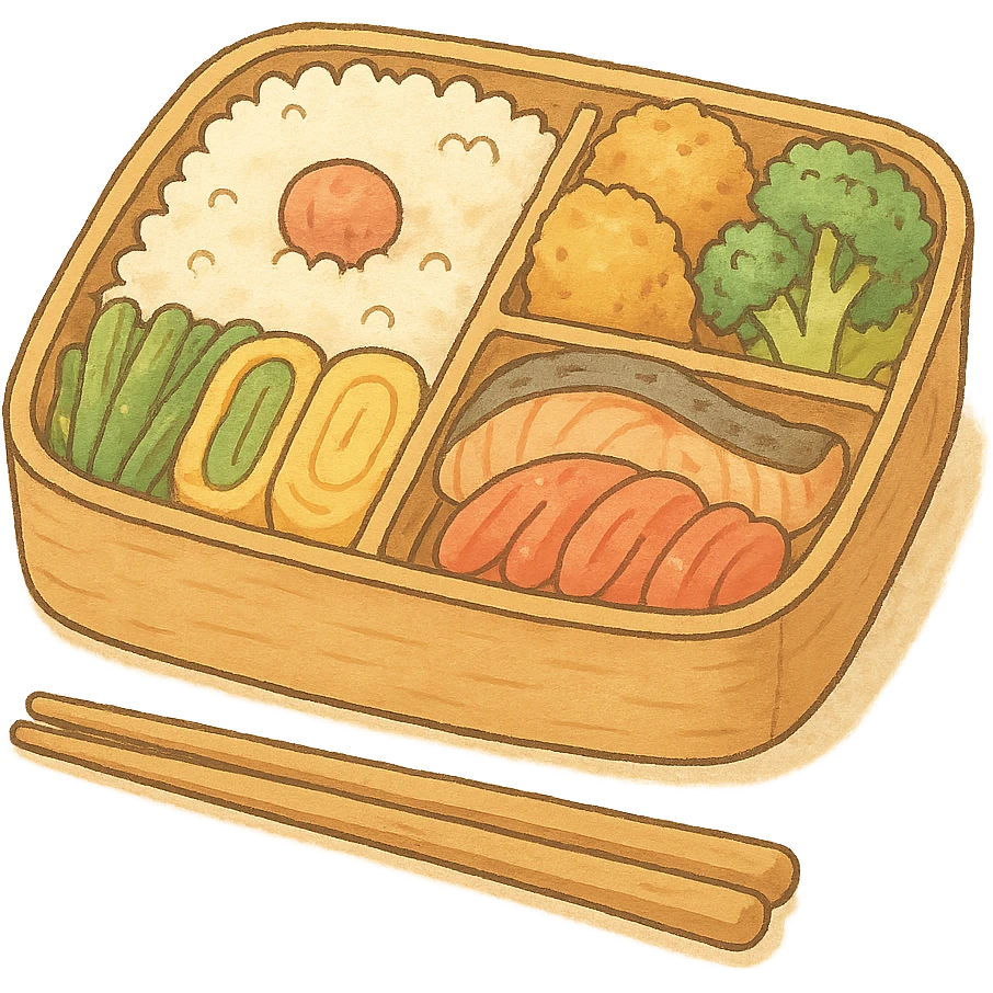 Japanese style bento box with a pair of chopsticks, soft pastel kawaii hand-drawn style, full object emoji