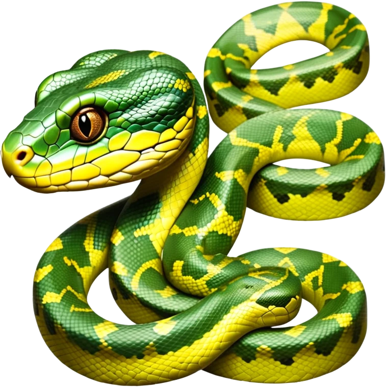 cinematic-green tree python-realistic-full-body-coiled-emoji,-thick-scaled-body-looped-tightly,-intricate-brown-and-gold-patterned-scales-reflecting-light,-head-tilted-dramatically,-slitted-eyes-staring-calmly,-simplified-yet-realistic-focused-feature emoji