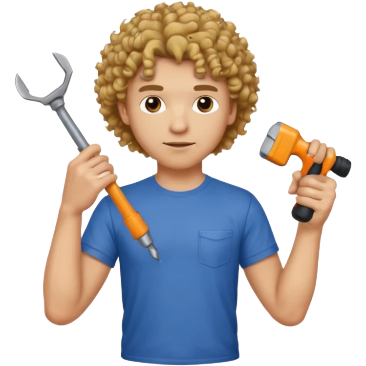 a guy who looks very handsome, has curly hair,  wears a tee shirt and holds a screwdriver in one hand and a  hammer in the other emoji