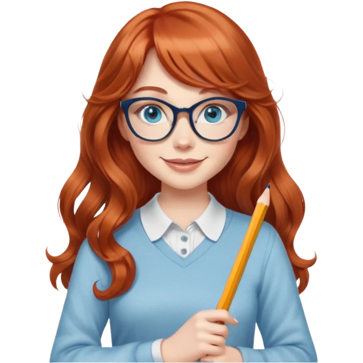 redheaded woman with very long wavy hair and bangs, blue eyes, clear cat-eye glasses, casual chic outfit, holding a pencil, smiling emoji