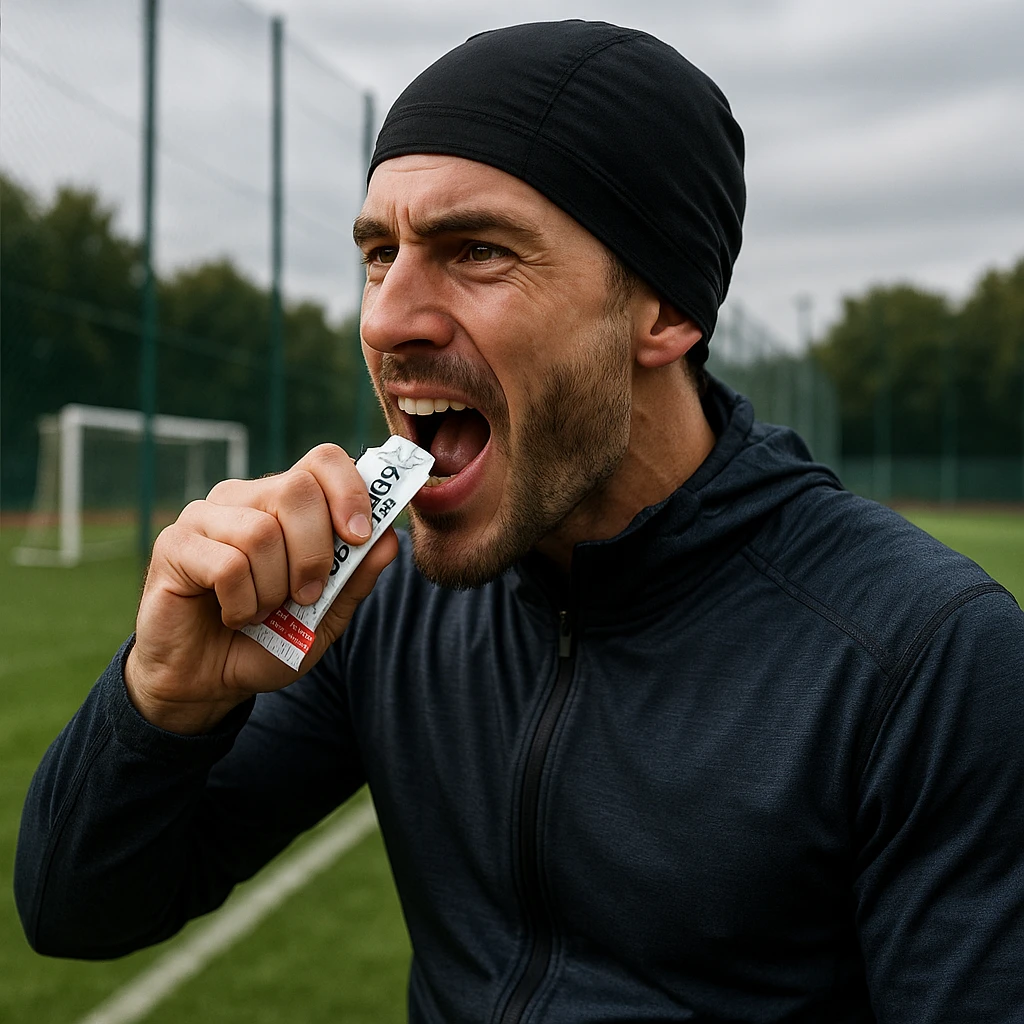 realistic 4K quality image of a sporty man in technical clothing consuming a sugar packet near a soccer field, energetic expression, rapid recovery atmosphere emoji
