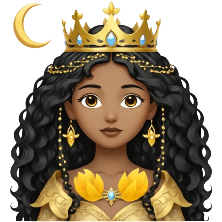 a black beautiful angel with gold pattern on her face and and long wavy black hair, she wears a ethereal crown with sparkling strings and a beautiful sparkling golden gown with moon crest in the middle of the gown, her face calm, gentle and kind, magical aura around her emoji
