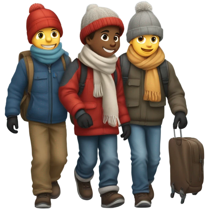 3 ten year old boys walking to school in the winter emoji
