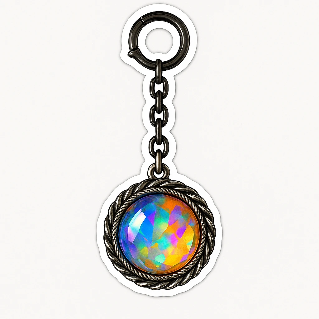 Make it sticker style: Add a silver chain or ornate setting to the round cut holographic amber charm, keeping the extreme close-up and original style emoji